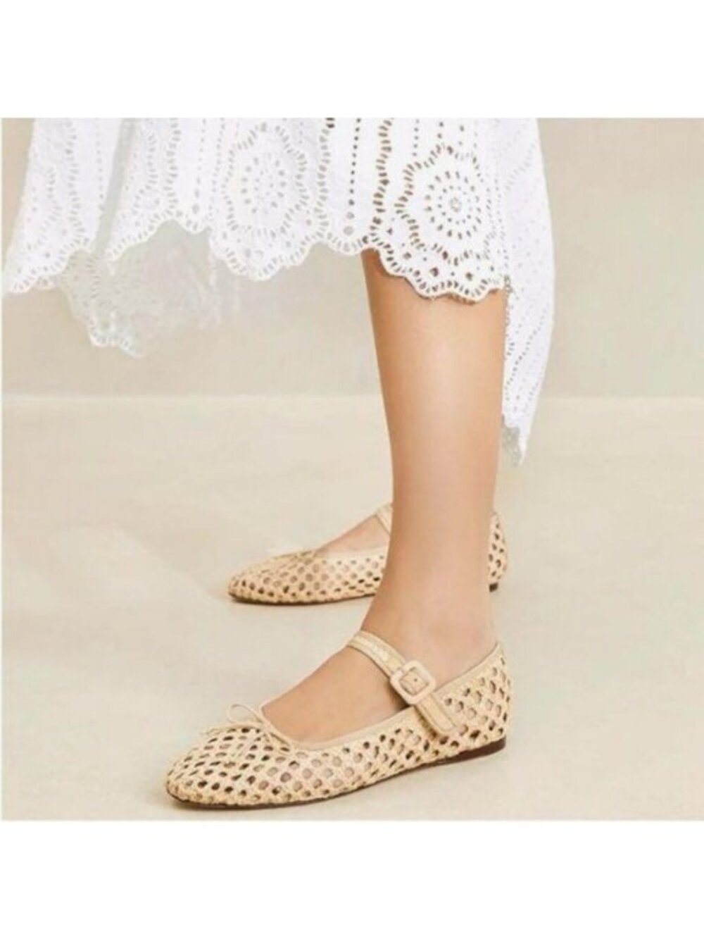 miss left Beige Cutout Bowknots Ankle Strap Mary Janes Round Toe Ballet Flats